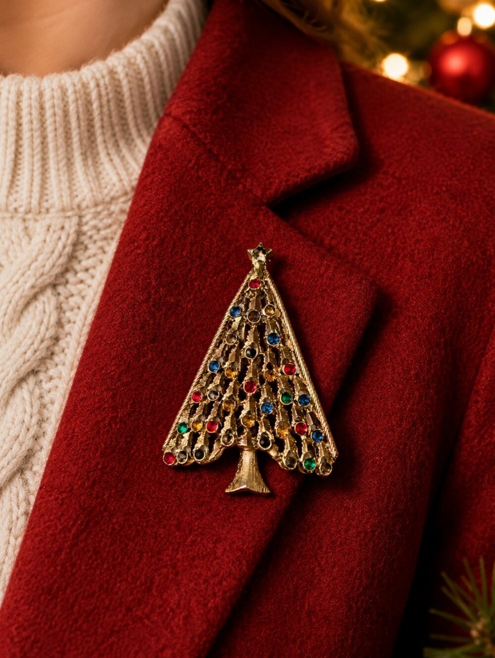 Vintage LJM Christmas Tree Brooch Gold Tone Multicolor Rhinestone Mid Century